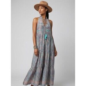 Rhea Women One Size Silk Blend Teal Pink Paisley Maxi Dress Boho Tiered Festival